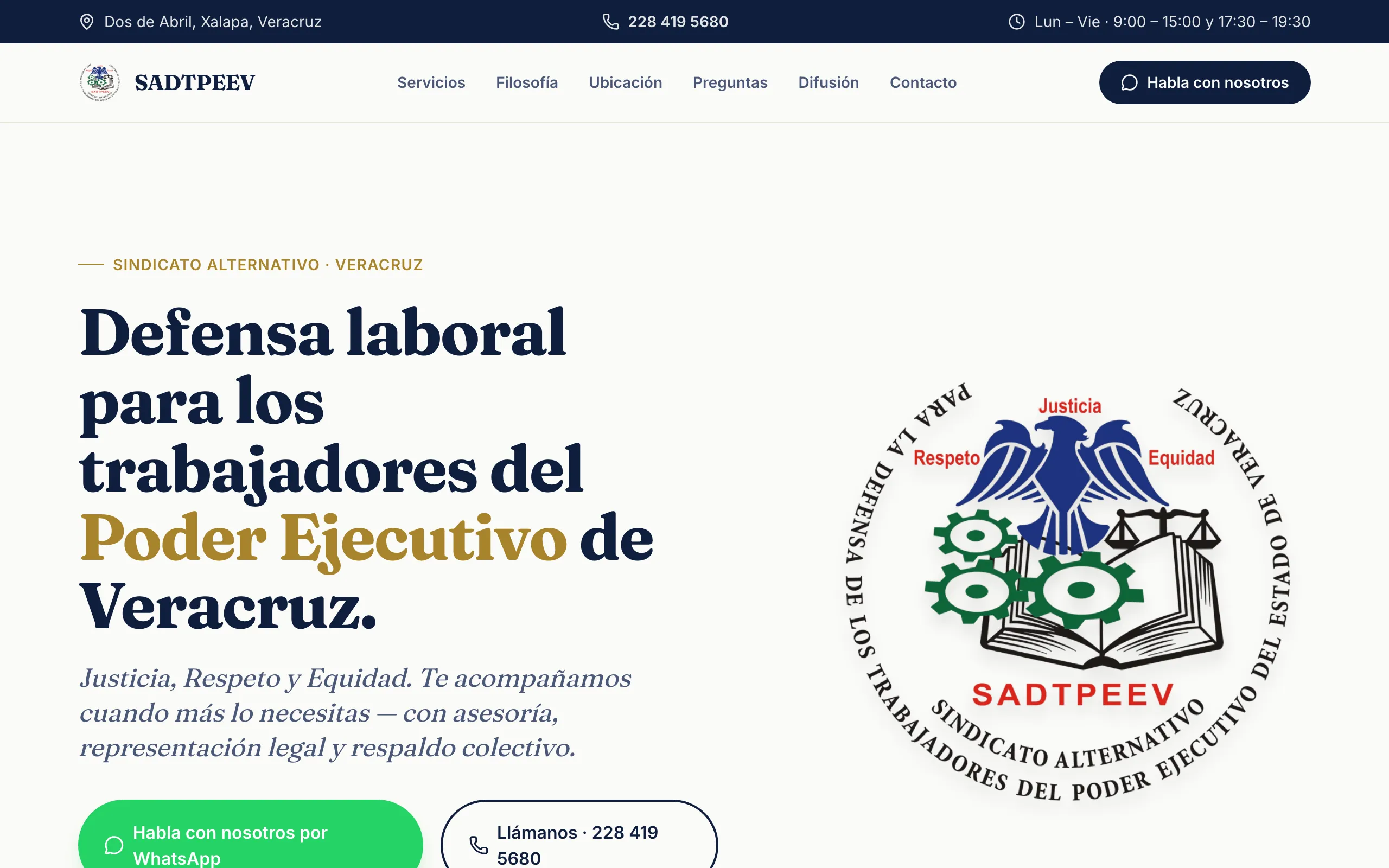 Página de inicio de sadtpeev.com, sitio del sindicato SADTPEEV hecho por EspiralCreative